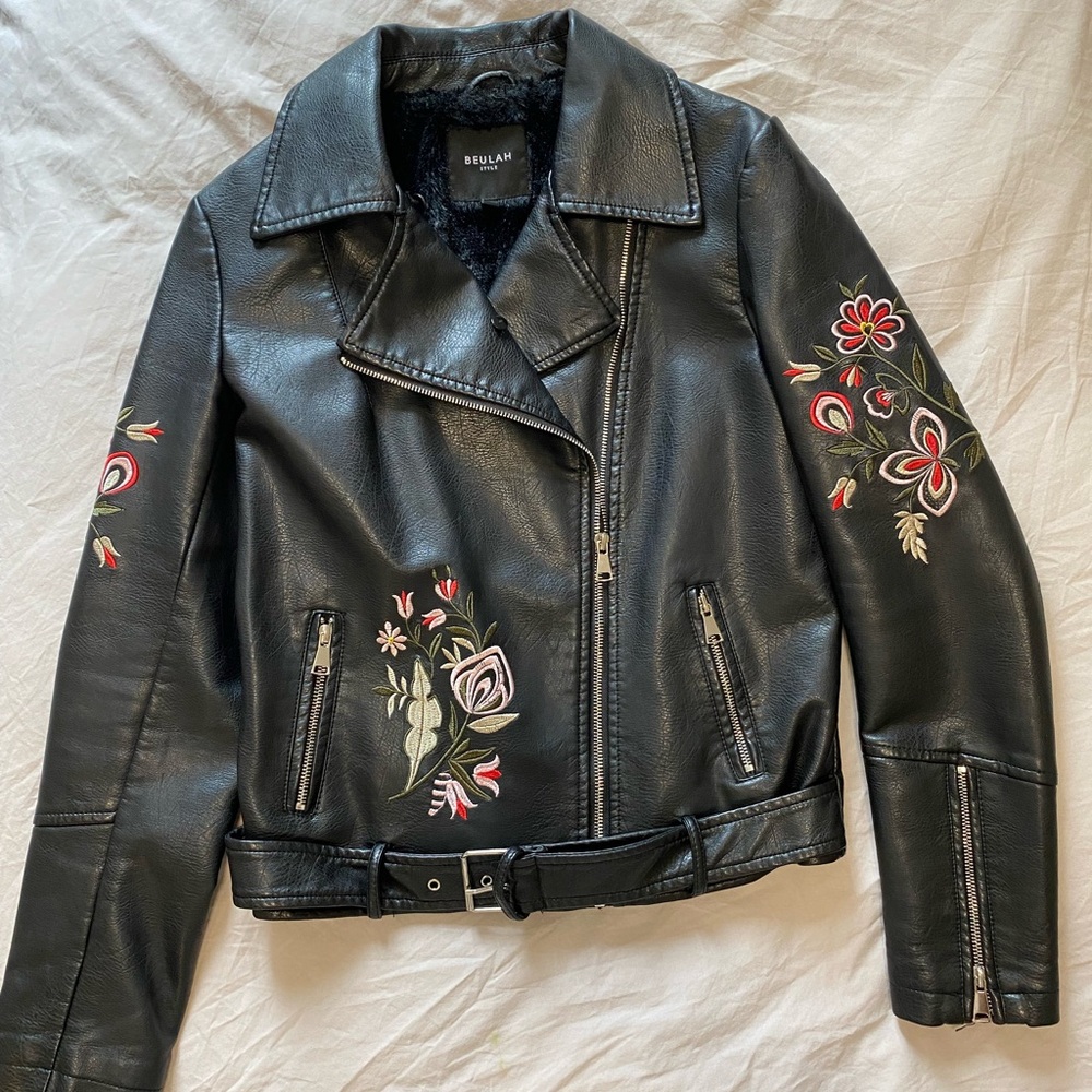 Beulah Black Leather Moto Jacket with Floral Embroidery